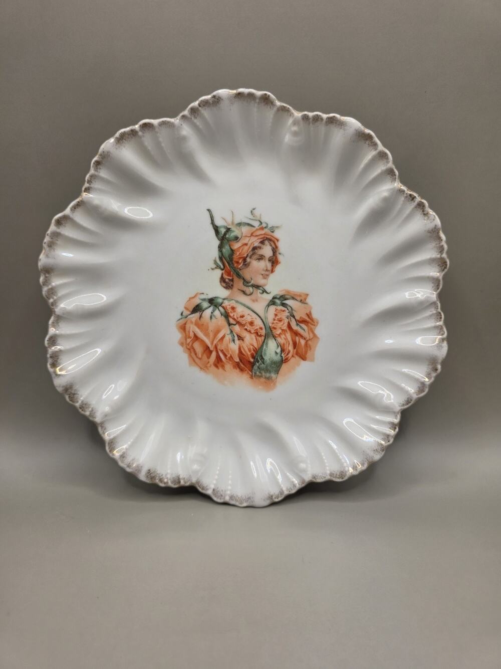 Antique Art Nouveau Porcelain Portrait Plate Lady Flower Dress Ruffled Unmarked